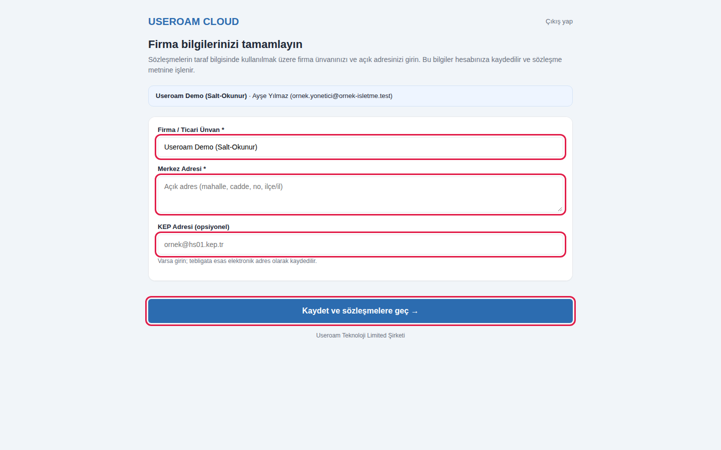 Firma bilgilerinizi tamamlayın ekranı