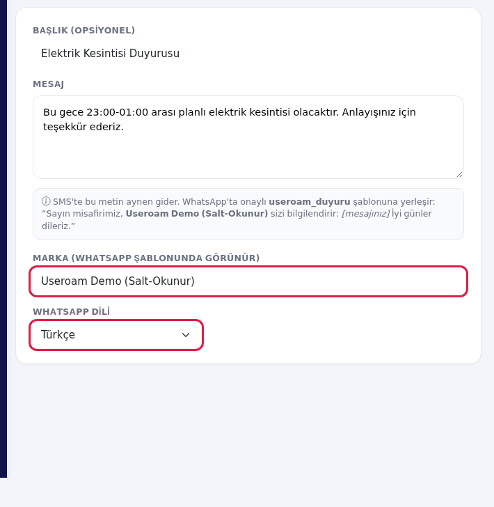 Marka ve WhatsApp dili alanları
