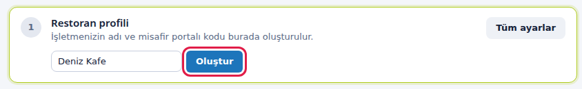 1. adım: işletme adı ve Oluştur düğmesi