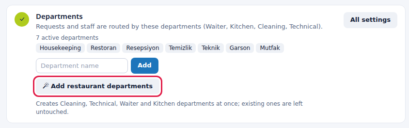 Step 2: Add restaurant departments button
