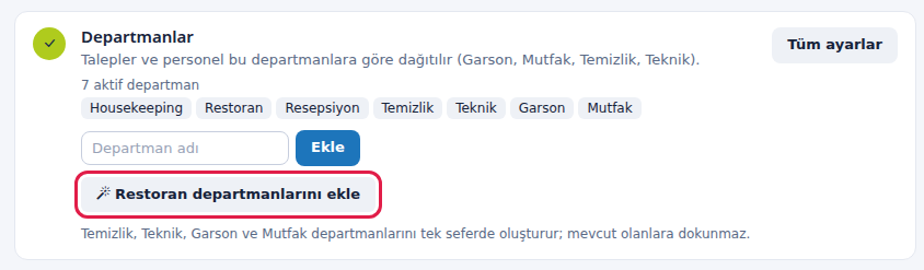 2. adım: Restoran departmanlarını ekle düğmesi