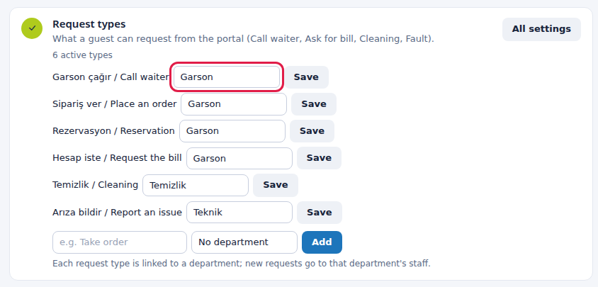 Step 3: request type to department mapping