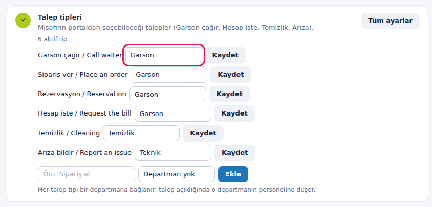 3. adım: talep tipi departman eşleşmesi