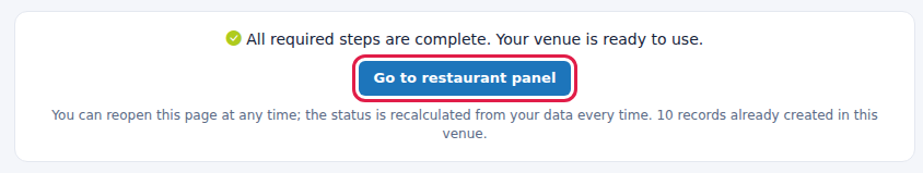 Setup complete message and Go to restaurant panel button