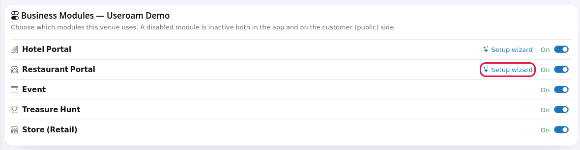 Setup wizard link on the Module Permissions card