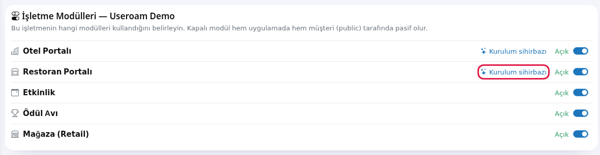 Modül İzinleri kartında Kurulum sihirbazı bağlantısı