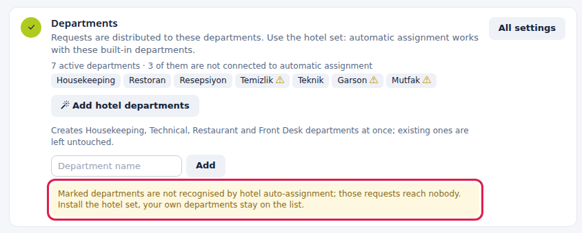 Hotel departments and the auto-assignment warning