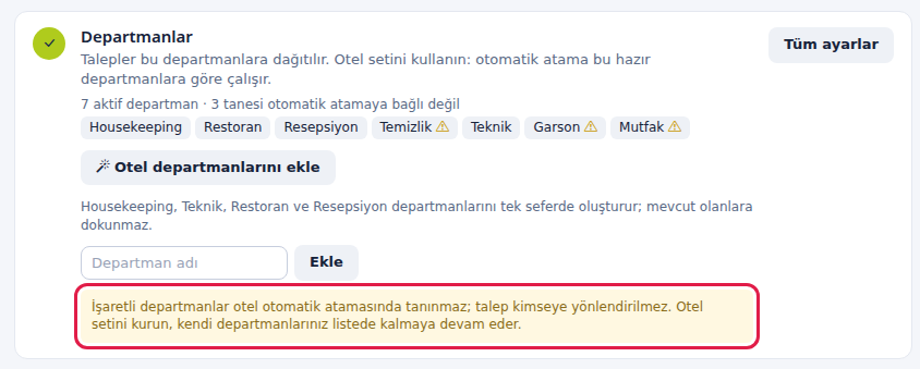 Otel departmanları ve otomatik atama uyarısı