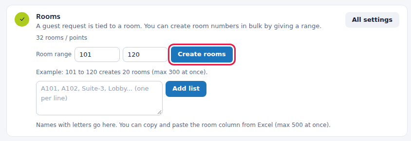 Room range and Create rooms button