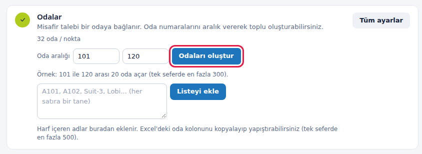 Oda aralığı ve Odaları oluştur düğmesi